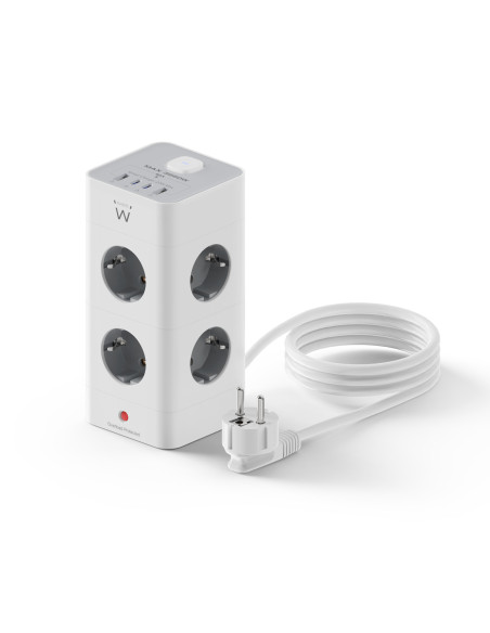 EWENT Tomada múltipla de 8 entradas Schuko + 2 x USB A e 2 x USB C