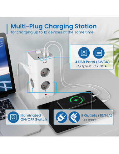 EWENT Tomada múltipla de 8 entradas Schuko + 2 x USB A e 2 x USB C