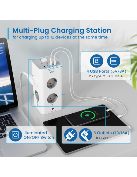 EWENT Tomada múltipla de 8 entradas Schuko + 2 x USB A e 2 x USB C