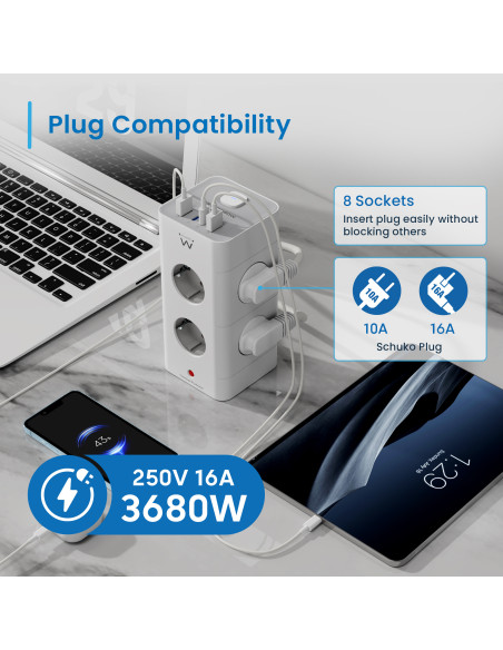 EWENT Tomada múltipla de 8 entradas Schuko + 2 x USB A e 2 x USB C