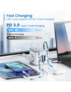EWENT Tomada múltipla de 3 entradas Schuko + 2 x USB A e 2 x USB C 2