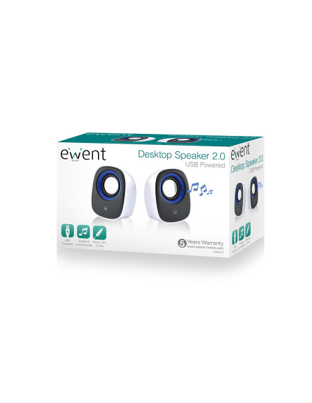 EWENT Colunas set 2.0, 5W RMS, control volume, alimentação USB, branca