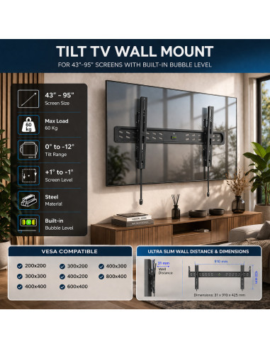 EWENT Ultra Slim TV Wall Mount 43" up para 80", Tilted, Min VESA 100x1