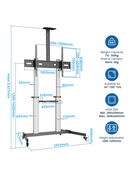 EWENT Suporte Móvel em Alumínio para TV´s 60 a 100" e 100Kg, Min VESA