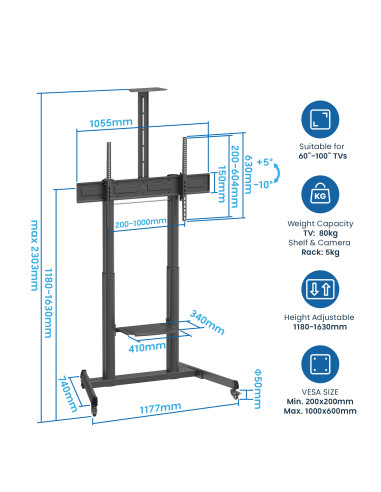 EWENT Suporte Móvel Heavy Duty para TV´s 60 a 100" e 120Kg, Min VESA 2