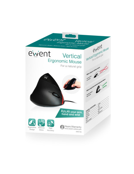 EWENT Rato Óptico Ergonómico Vertical, 1000 dpi, 5 botões, preto