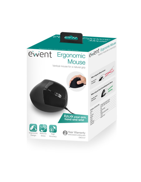 EWENT Rato Óptico Ergonómico Vertical, 800-1200-1600dpi-1800 dpi, 5 bo