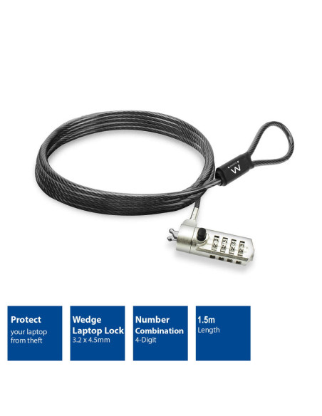 EWENT Cadeado para Portátil Wedge Lock com combinação, cabo 1,5m