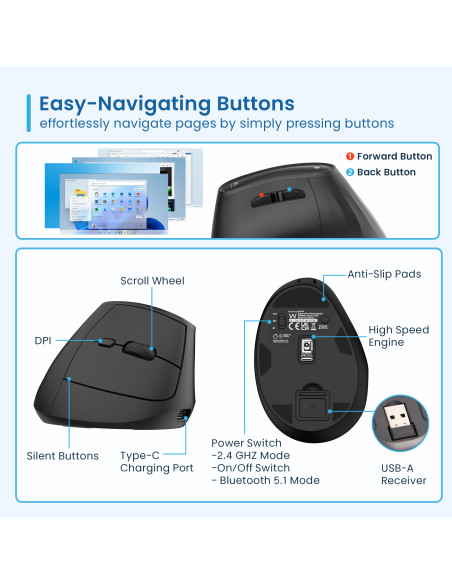 EWENT Rato Wireless Ultimate Ergonómico, Recarregável, Dupla Conetivid