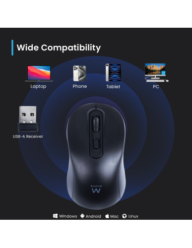 EWENT Rato Wireless 2,4hz | 4D | Recetor USB-A | Selecionável 800-1200