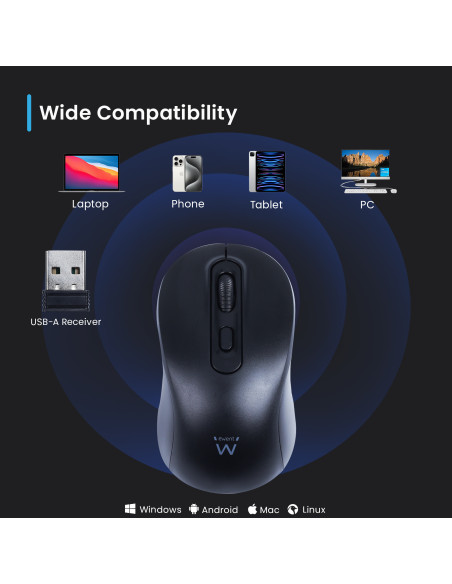 EWENT Rato Wireless 2,4hz | 4D | Recetor USB-A | Selecionável 800-1200