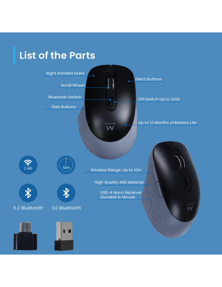 EWENT Rato Wireless Multi-conexão | Bluetooth 1 | Bluetooth 2 | 6D | R