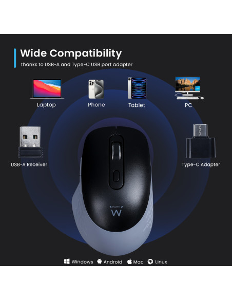 EWENT Rato Wireless Multi-conexão | Bluetooth 1 | Bluetooth 2 | 6D | R