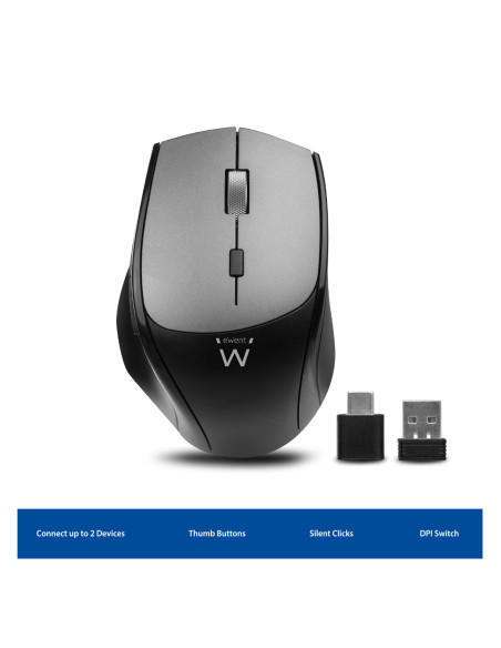 EWENT Rato Wireless Dual Connect USB-A & USB C, 2400dpi, botões silenc