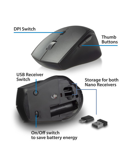 EWENT Rato Wireless Dual Connect USB-A & USB C, 2400dpi, botões silenc