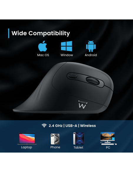 EWENT Rato Wireless Ergonómico | 2.4Ghz | USB-A Nano |1200, 2400, 3200