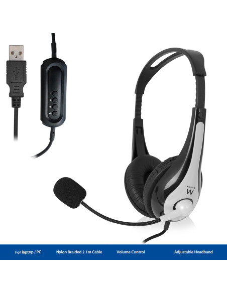 EWENT Headsets USB com microfone e controlo de volume, cabo 2.1m