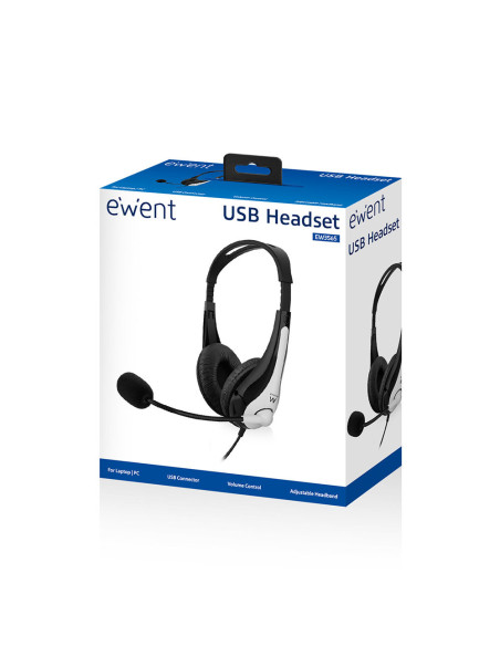 EWENT Headsets USB com microfone e controlo de volume, cabo 2.1m