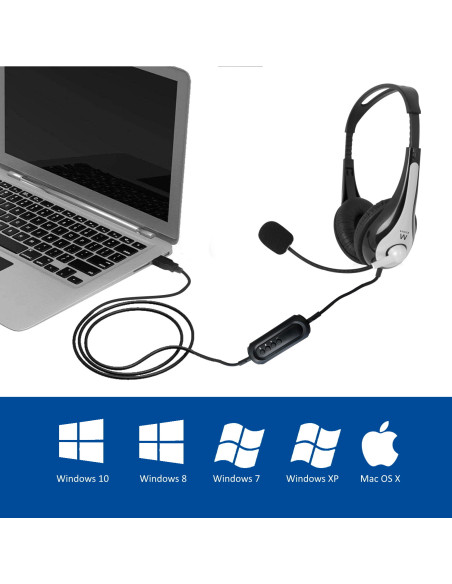 EWENT Headsets USB com microfone e controlo de volume, cabo 2.1m