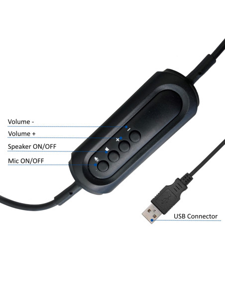EWENT Headsets USB com microfone e controlo de volume, cabo 2.1m