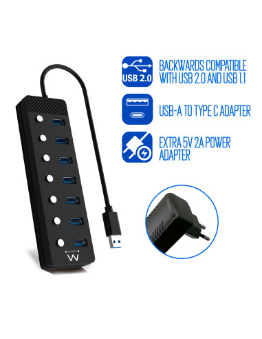 EWENT HUB USB 3.0 Gen 1, 7 portas com botão, adaptador corrente, USB A