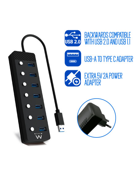 EWENT HUB USB 3.0 Gen 1, 7 portas com botão, adaptador corrente, USB A