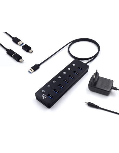 EWENT HUB USB 3.0 Gen 1, 7 portas com botão, adaptador corrente, USB A