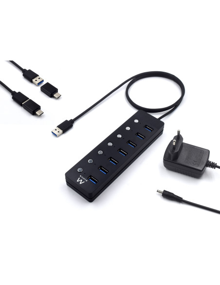 EWENT HUB USB 3.0 Gen 1, 7 portas com botão, adaptador corrente, USB A