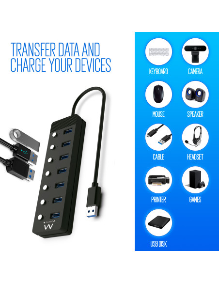 EWENT HUB USB 3.0 Gen 1, 7 portas com botão, adaptador corrente, USB A