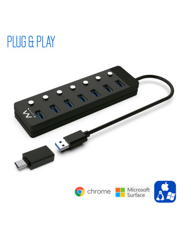 EWENT HUB USB 3.0 Gen 1, 7 portas com botão, adaptador corrente, USB A