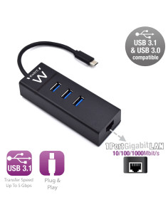 EWENT HUB USB 3.2 Gen 1, USB-C, 3 Portas USB A + Porta Rede Gigabit, A 2