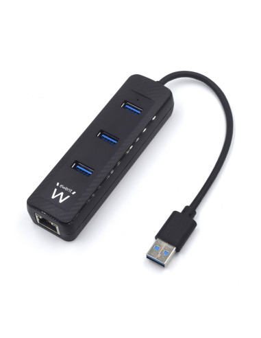 EWENT HUB USB 3.2 Gen 1, 3 Portas USB A + Porta Rede Gigabit, Alimenta