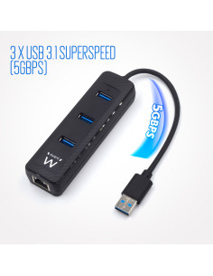 EWENT HUB USB 3.2 Gen 1, 3 Portas USB A + Porta Rede Gigabit, Alimenta 2
