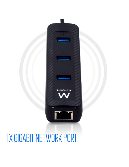 EWENT HUB USB 3.2 Gen 1, 3 Portas USB A + Porta Rede Gigabit, Alimenta