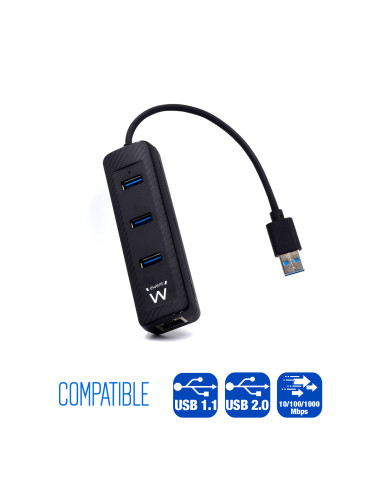 EWENT HUB USB 3.2 Gen 1, 3 Portas USB A + Porta Rede Gigabit, Alimenta