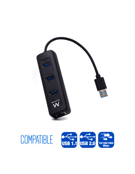 EWENT HUB USB 3.2 Gen 1, 3 Portas USB A + Porta Rede Gigabit, Alimenta