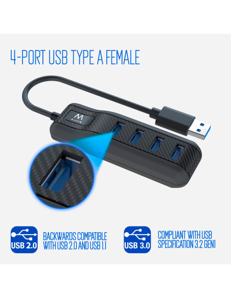 EWENT HUB USB 3.2 Gen 1, 4 portas, Alimentação USB