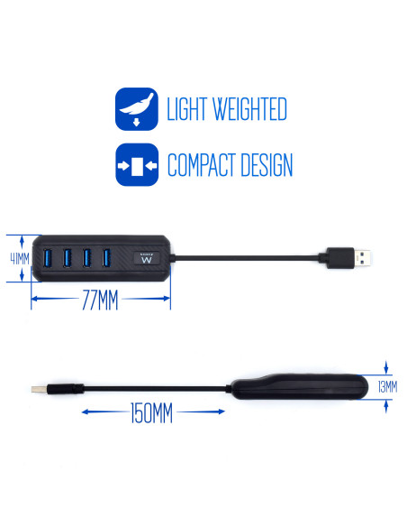 EWENT HUB USB 3.2 Gen 1, 4 portas, Alimentação USB