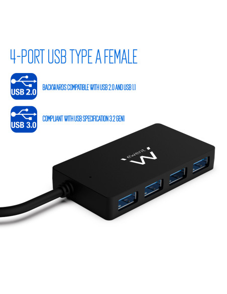 EWENT HUB USB 3.2 Gen 1, 4 portas, adicional DC alimentação Jack 3.5mm