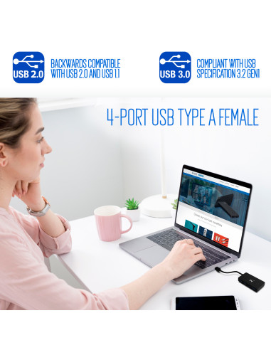 EWENT HUB USB 3.2 Gen 1, 4 portas, adicional DC alimentação Jack 3.5mm