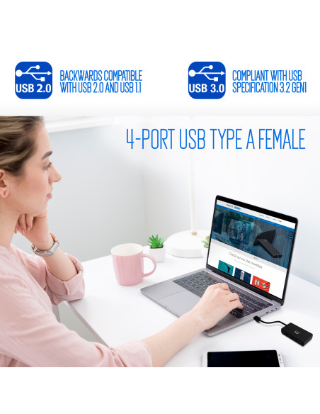 EWENT HUB USB 3.2 Gen 1, 4 portas, adicional DC alimentação Jack 3.5mm