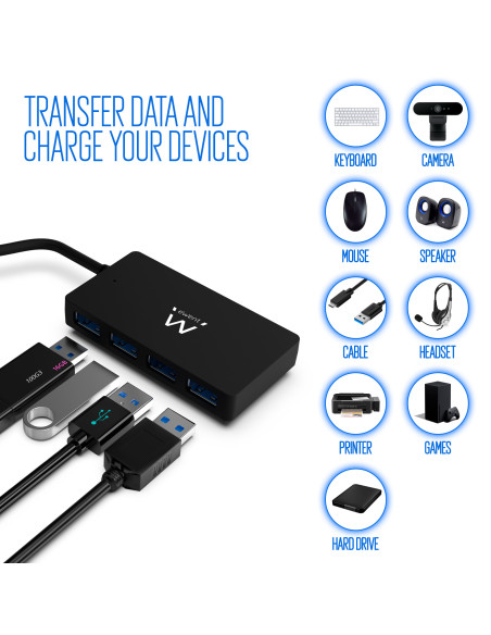 EWENT HUB USB 3.2 Gen 1, 4 portas, adicional DC alimentação Jack 3.5mm