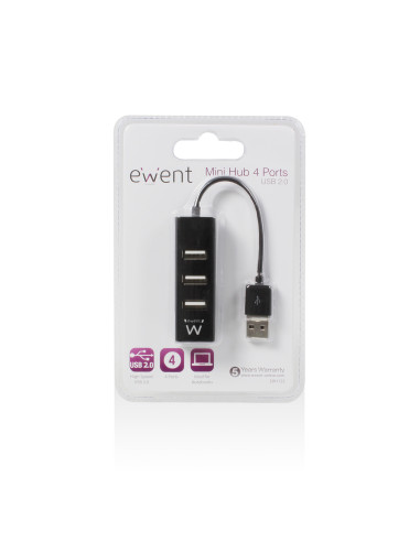 EWENT Mini HUB 2.0 High Speed de 4 Portas Preto