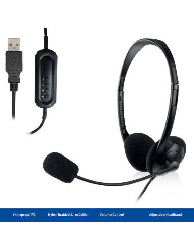 EWENT Headsets USB com microfone e controlo de volume, cabo 2.1m