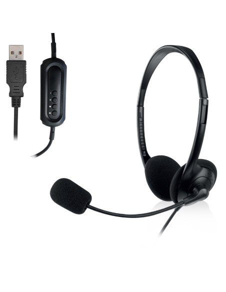 EWENT Headsets USB com microfone e controlo de volume, cabo 2.1m