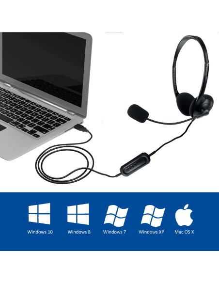 EWENT Headsets USB com microfone e controlo de volume, cabo 2.1m