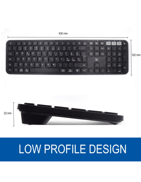 EWENT Teclado Wireless Bluetooth Multi-connect, Wireless 2.4Ghz e Blue