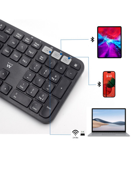 EWENT Teclado Wireless Bluetooth Multi-connect, Wireless 2.4Ghz e Blue