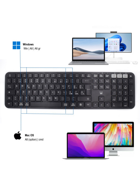 EWENT Teclado Wireless Bluetooth Multi-connect, Wireless 2.4Ghz e Blue