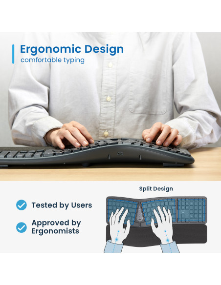 EWENT Teclado Ergonómico Bluetooth BT1 5.0 + BT2 3.0 Receptor USB A, b